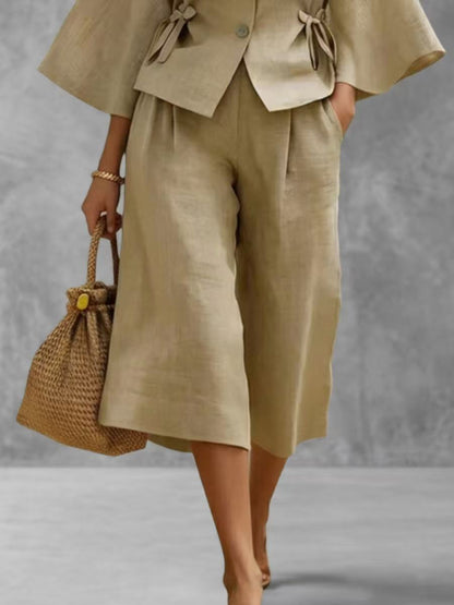 Cropped Wide Leg Elasticity Pleated Pockets Solid Color Pants Trousers