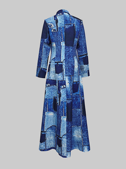 Long Sleeves Printed Zipper Lapel Maxi Dresses Shirt Dress