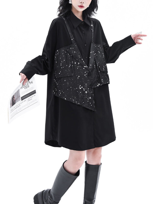 False Two Hipster Asymmetric Split-Joint Textured Lapel Collar Mini Dresses