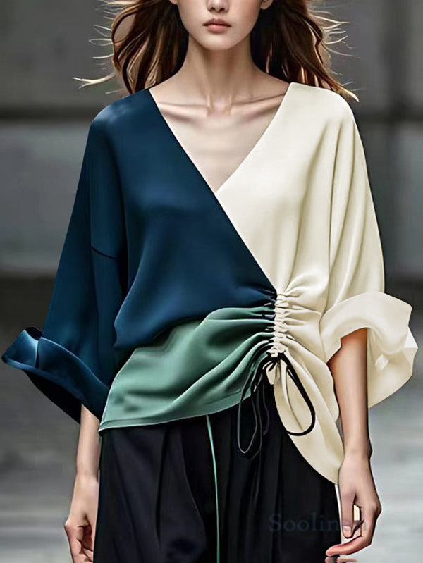 Long Sleeves Loose Color-Block Contrast Color Drawstring Elasticity V-Neck Blouses&Shirts Tops