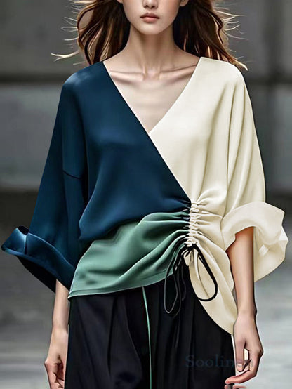 Long Sleeves Loose Color-Block Contrast Color Drawstring Elasticity V-Neck Blouses&Shirts Tops