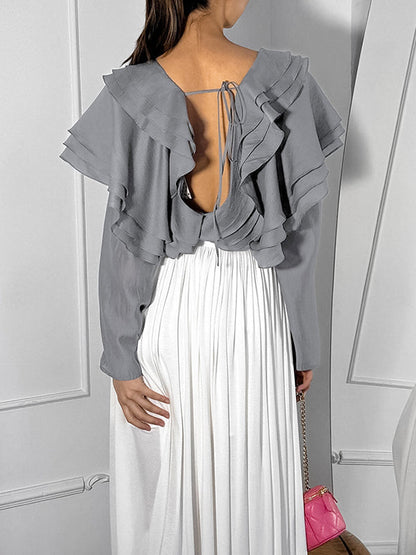 Long Sleeves Backless Ruffled Solid Color V-Neck Blouses&Shirts Tops