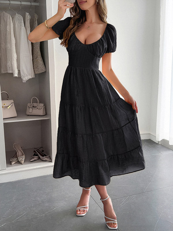 A-Line Loose Backless Pleated Solid Color Tied V-Neck Midi Dresses