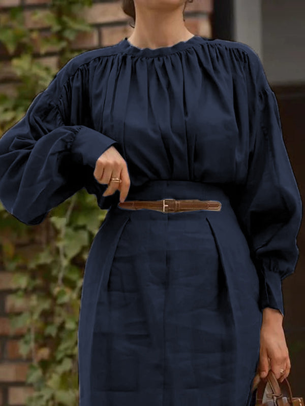 Long Sleeves Pleated Solid Color Split-Joint Round-Neck Blouses&Shirts Tops