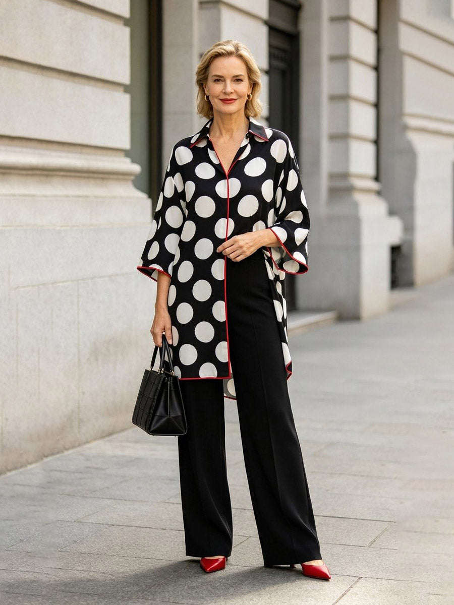 Split-front Split-Joint Polka Dot Contrast Color Three-quarter Sleeves Loose V-neck Blouses&shirts Tops