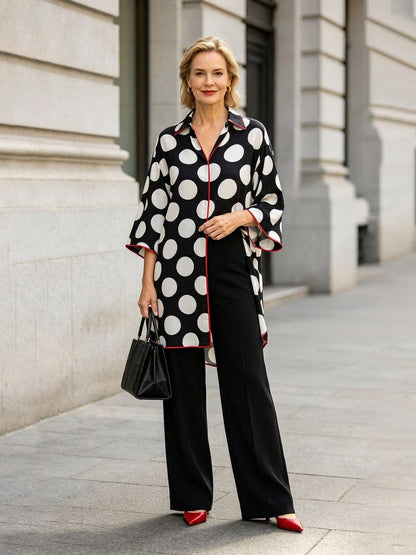 Split-front Split-Joint Polka Dot Contrast Color Three-quarter Sleeves Loose V-neck Blouses&shirts Tops