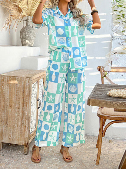 Loose Buttoned Contrast Color Lapel T-Shirt Top + Elasticity Pockets High Waisted Pants Bottom Two Pieces Set