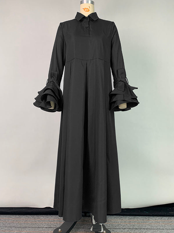 Ausgestellte Ärmel, plissiert, einfarbig, geteiltes Revers, Maxikleider, Hemdkleid 