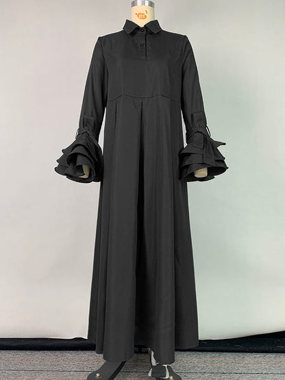 Ausgestellte Ärmel, plissiert, einfarbig, geteiltes Revers, Maxikleider, Hemdkleid 