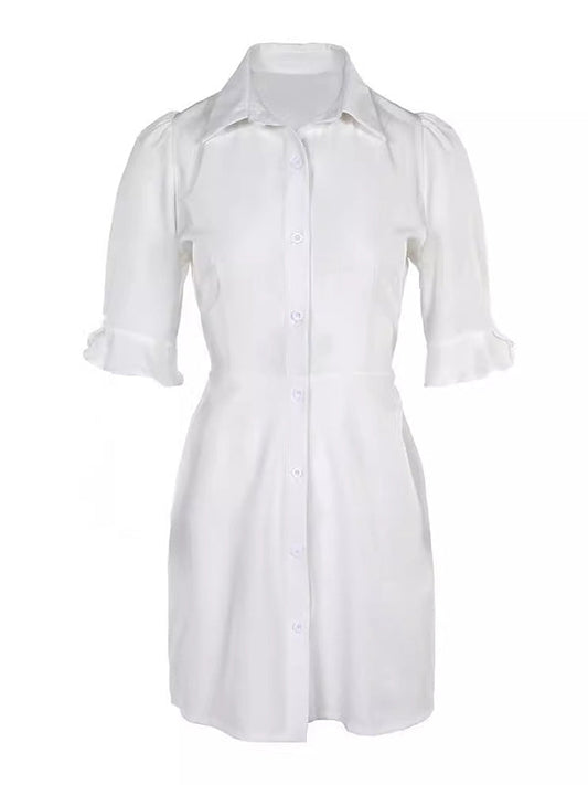 Puff Sleeves Short Sleeves Solid Color Split-Joint Lapel Mini Dresses Shirt Dress