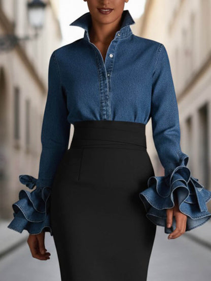 Flared Sleeves Long Sleeves Buttoned Ruffled Split-Joint Stand Collar Blouses&shirts Tops