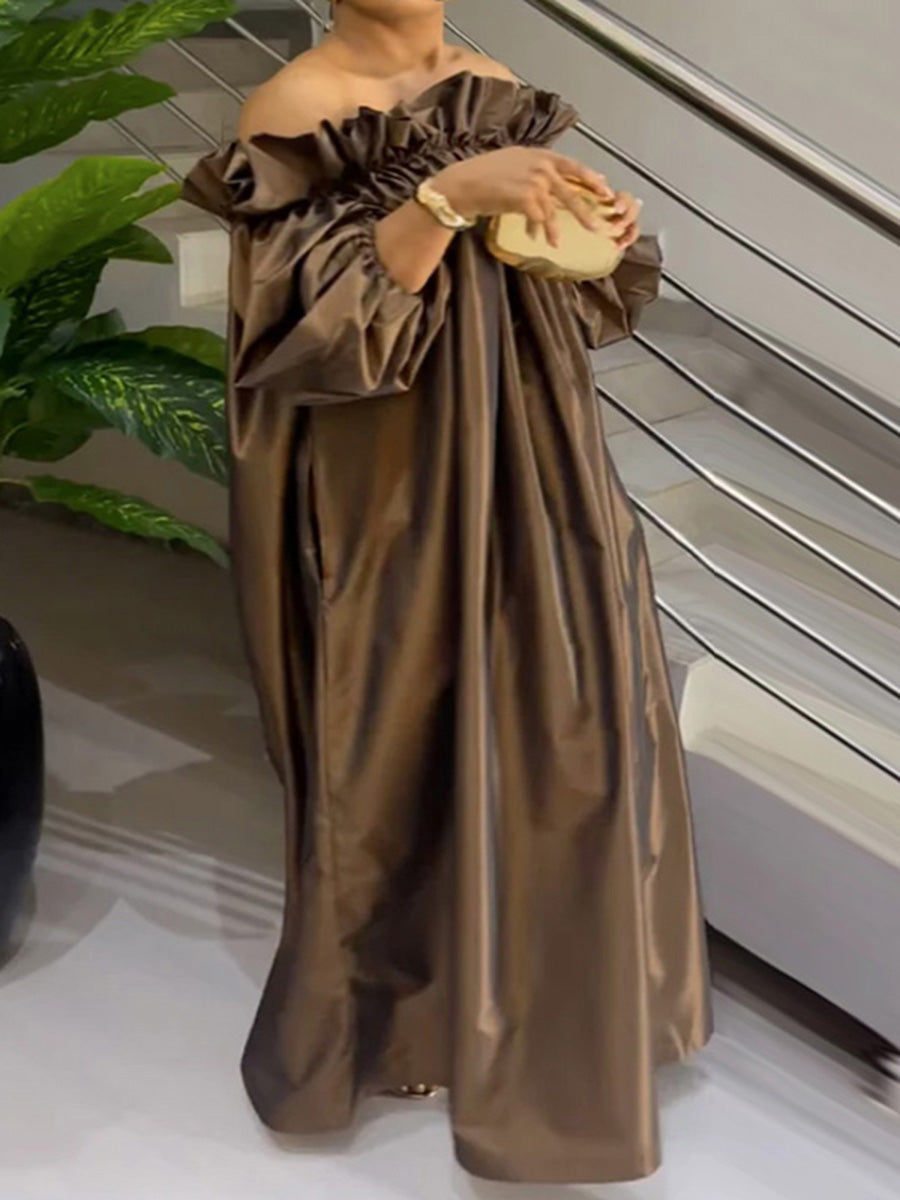 Loose Plus Size Falbala Pleated Solid Color Off-The-Shoulder Maxi Dresses