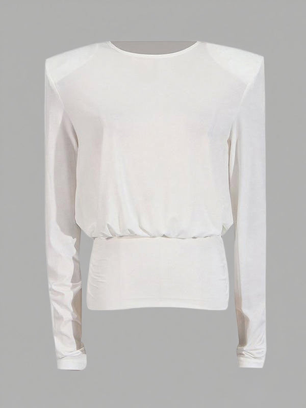 Long Sleeves Backless Shoulder Pad Solid Color Round-Neck Blouses&Shirts Tops