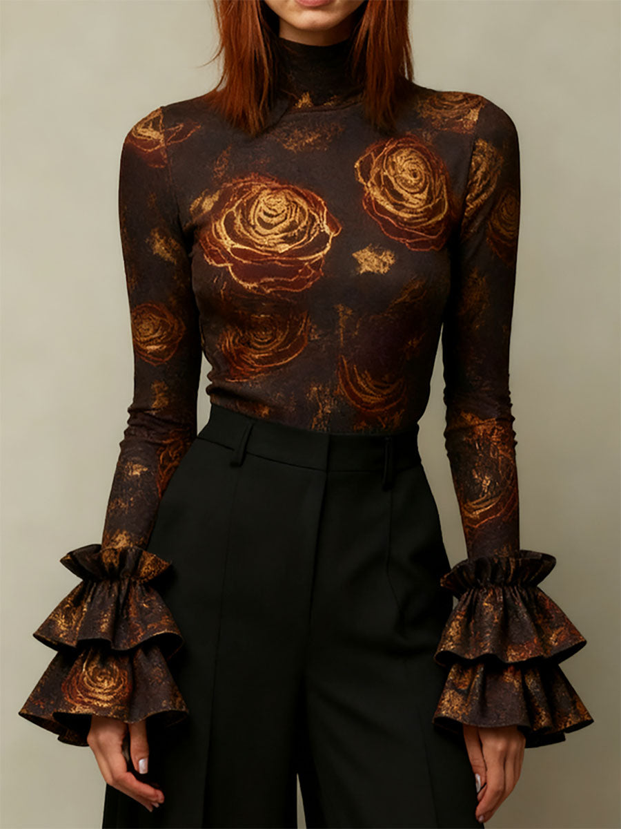 Flared Sleeves Long Sleeves Flower Print High Neck Blouses&Shirts Tops