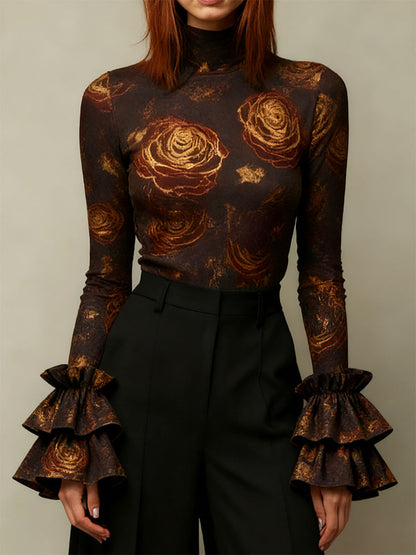 Flared Sleeves Long Sleeves Flower Print High Neck Blouses&Shirts Tops