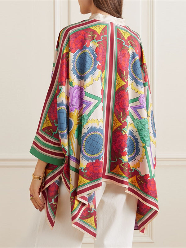 Fledermausärmel High-Low-Knöpfe Blumendruck Stehkragen Blusen &amp; Hemden Tops 