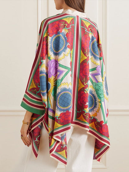 Fledermausärmel High-Low-Knöpfe Blumendruck Stehkragen Blusen &amp; Hemden Tops 