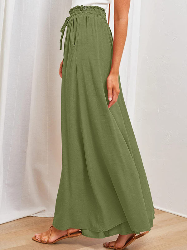 High Waisted Loose Drawstring Elasticity Pockets Solid Color Pants Trousers