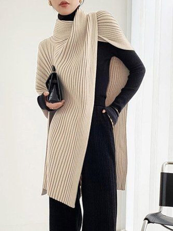Loose Asymmetric Solid Color Split-Joint High Neck Sweater Tops