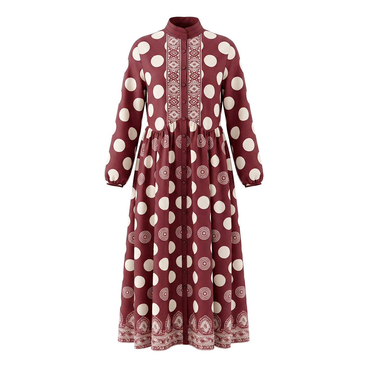 Polka-Dot Pockets Pleated Contrast Color Buttoned Big Hemline Puff Sleeves Loose Stand Collar Maxi Dresses