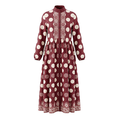 Polka-Dot Pockets Pleated Contrast Color Buttoned Big Hemline Puff Sleeves Loose Stand Collar Maxi Dresses