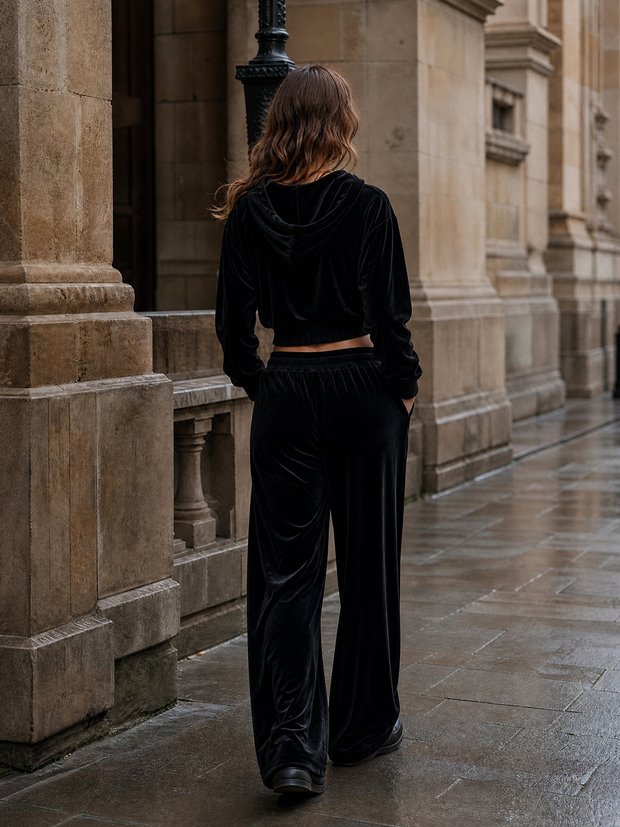 Velvet Solid Color Pockets Elasticity Wide Leg Loose Trousers Pants