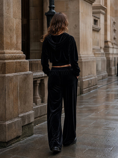 Velvet Solid Color Pockets Elasticity Wide Leg Loose Trousers Pants
