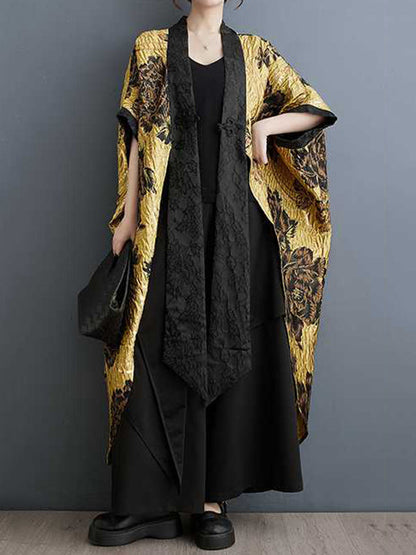 Batwing Sleeves Loose Flower-Embellished Chinese Frog Buttons Pleated Split-Joint V-Neck Outerwear