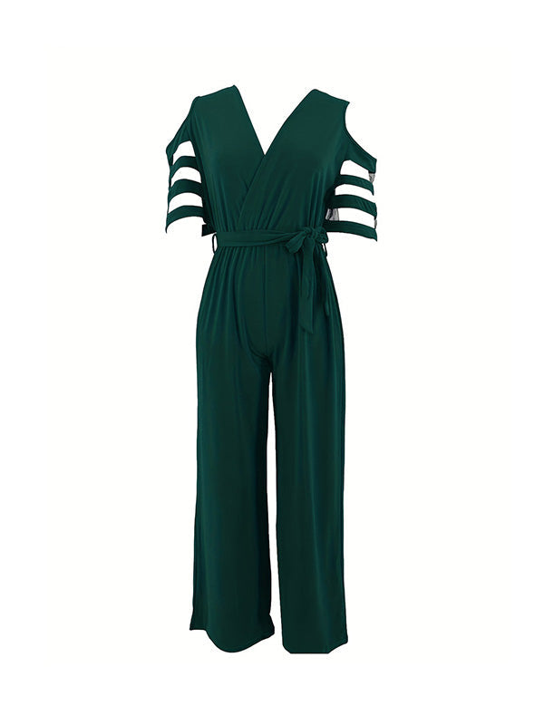 High Waisted Loose Hollow Mesh Solid Color Tied Waist V-Neck Jumpsuits