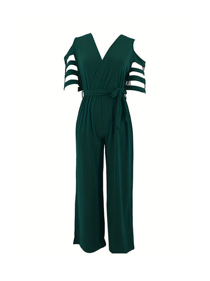 High Waisted Loose Hollow Mesh Solid Color Tied Waist V-Neck Jumpsuits