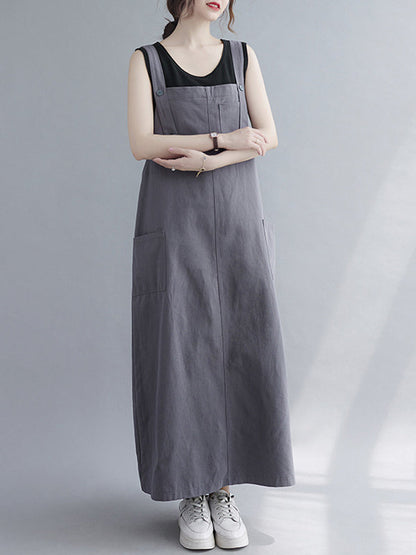 Robe décontractée à bretelles de couleur unie avec poche 