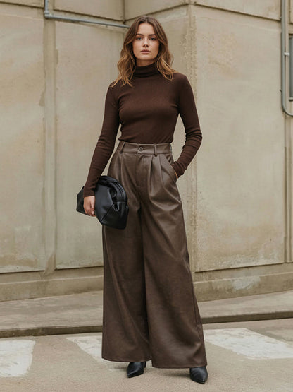 High Waisted Leather-Like Wide Leg Pants