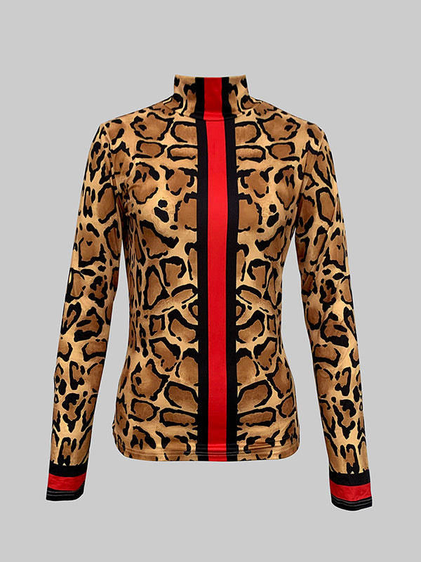 Leopard Contrast Color Skinny Long Sleeves High Neck T-Shirts Tops