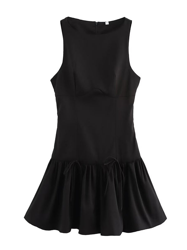 Mini-robe trapèze ample plissée de couleur unie avec fermeture éclair et col rond 