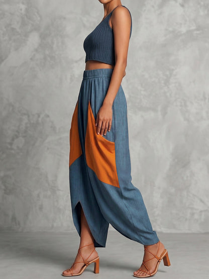 High Waisted Loose Contrast Color Elasticity Pockets Split-Joint Ninth Pants Trousers