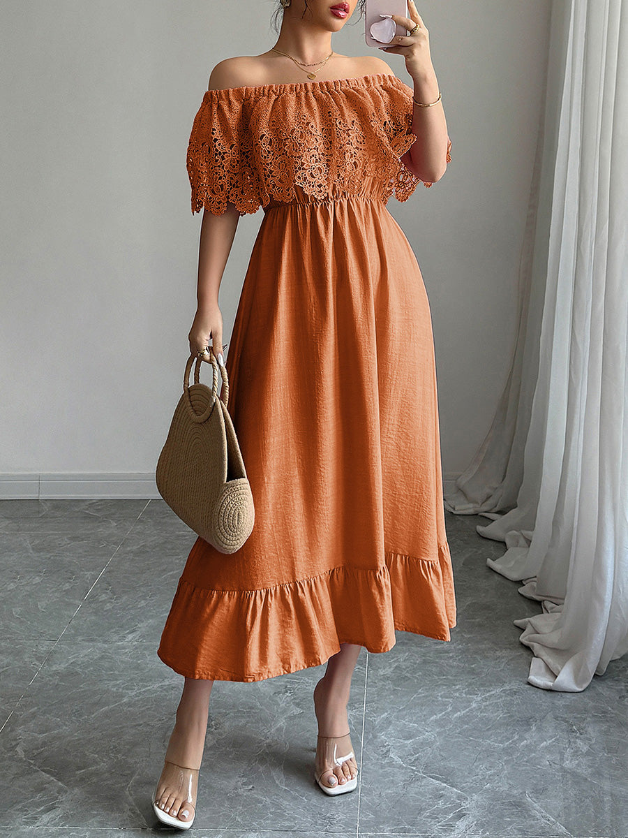 A-Line High Waisted Pleated Ruffled Solid Color Split-Joint One-Shoulder Midi Dresses