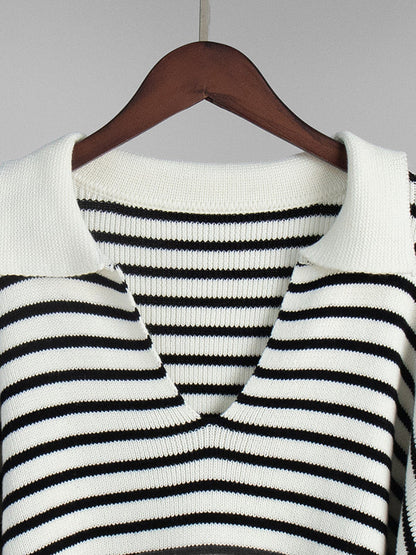 Long Sleeves Loose Split-Joint Striped Lapel Sweater Tops