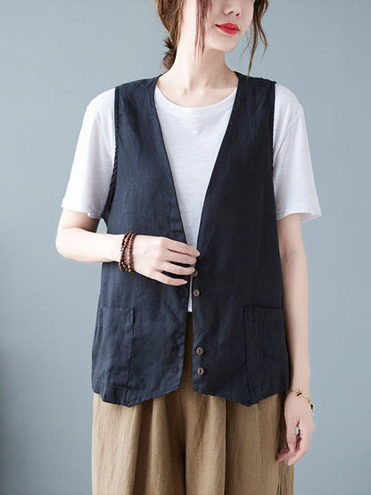 Simple Loose V-Neck Solid Color Vest