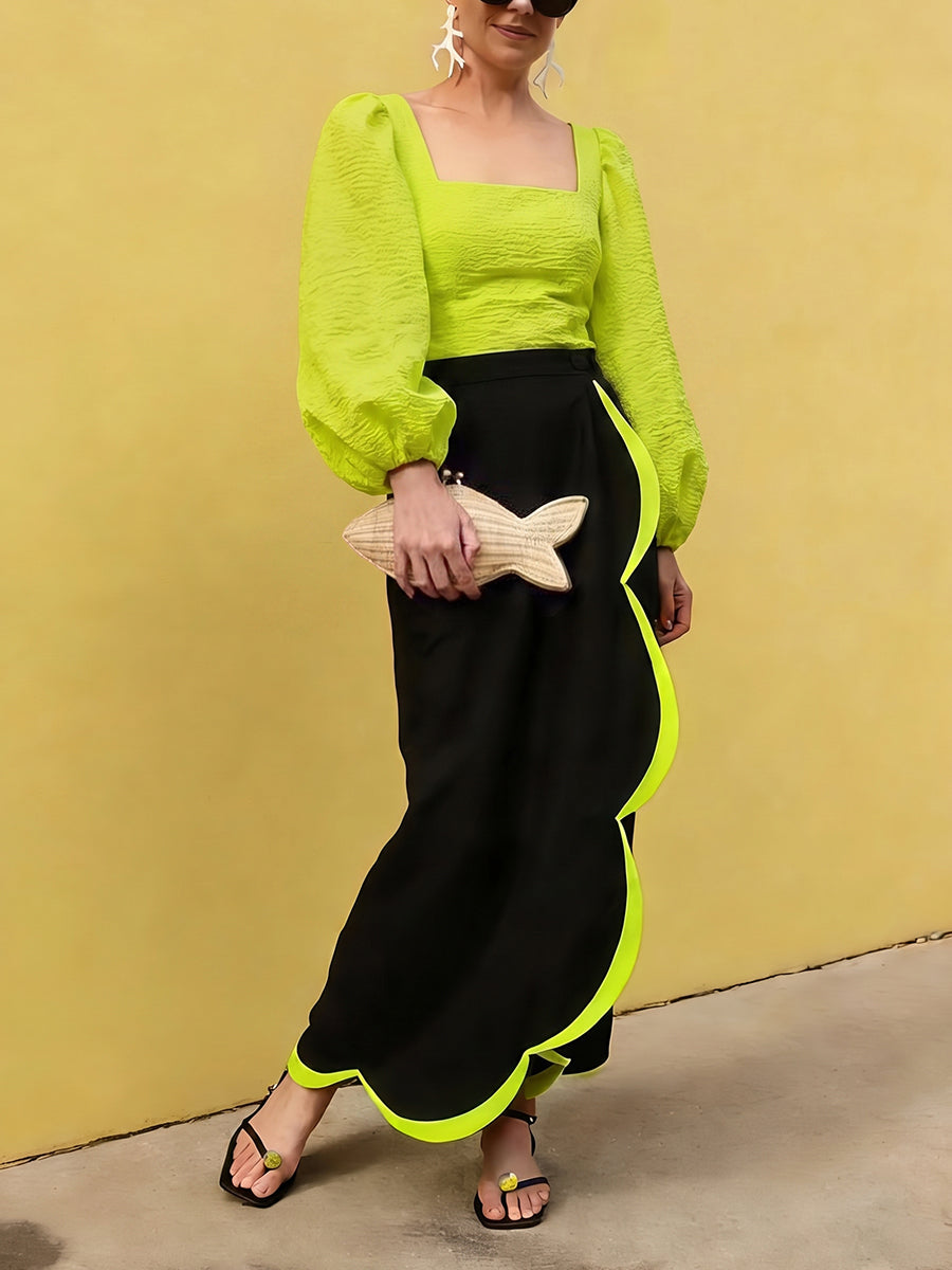 Contrast Color Asymmetric High Waisted Skirts Bottoms