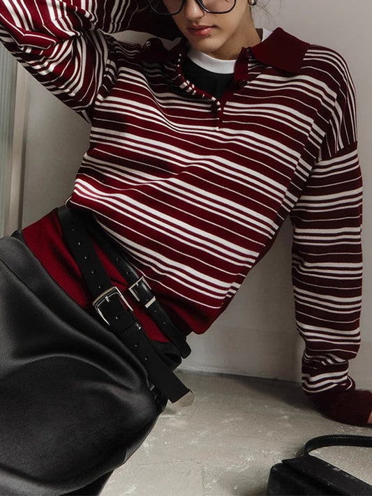 Long Sleeves Split-Joint Striped Lapel Sweater Tops
