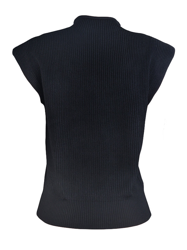Casual Cap Sleeve Solid Color High-Neck Sweater Tops Pullovers