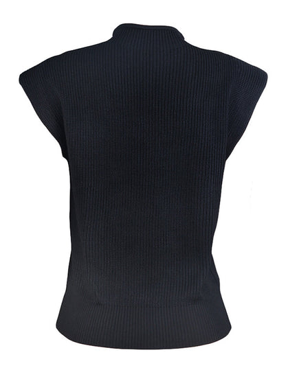 Casual Cap Sleeve Solid Color High-Neck Sweater Tops Pullovers