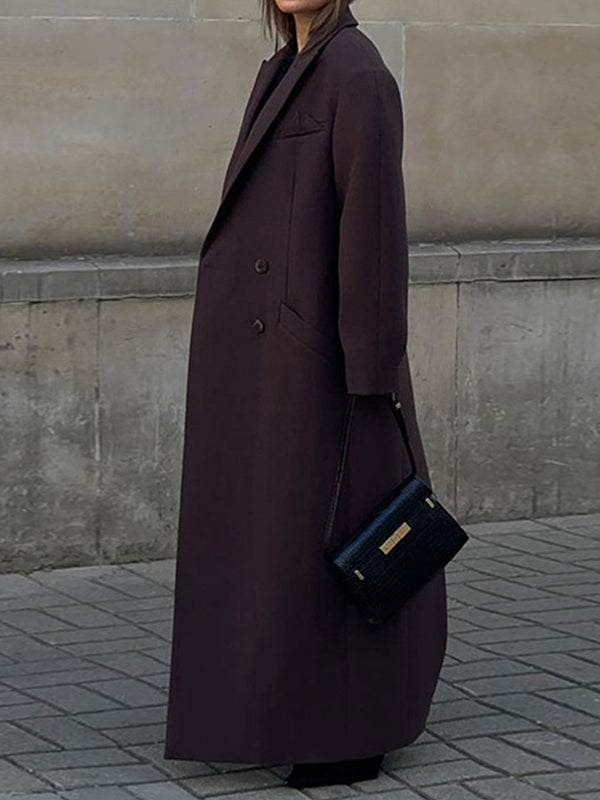 Long Sleeves Buttoned Pockets Solid Color Lapel Overcoat Suit Outerwear