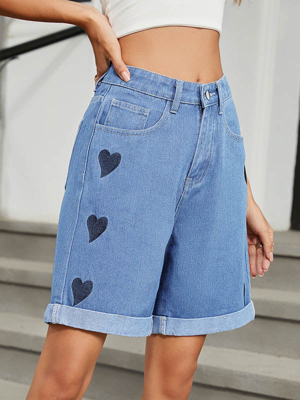 High Waisted Loose Buttoned Heart Print Pockets Half Pants Jean Pants Bottoms