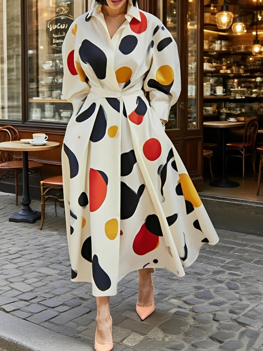 Long Sleeves Loose Contrast Color Pockets Polka-Dot Printing Lapel Maxi Dresses Shirt Dress