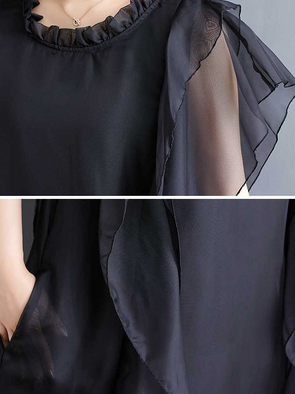 Loose Ruffle Sleeves Falbala Ruffled Solid Color Round-neck Midi Dresses