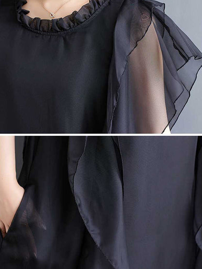 Loose Ruffle Sleeves Falbala Ruffled Solid Color Round-neck Midi Dresses