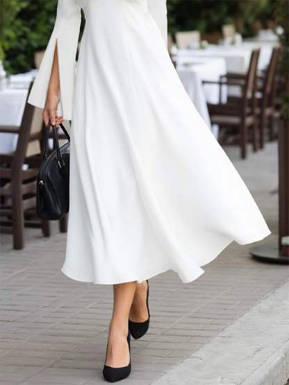 Long Sleeves Solid Color V-Neck Midi Dresses