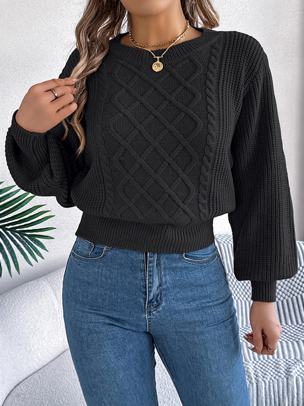 Elasticated Waist Long Sleeves Cable Knit Solid Color Round-Neck Knit Top Sweater Tops