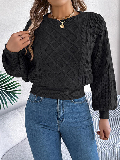 Elasticated Waist Long Sleeves Cable Knit Solid Color Round-Neck Knit Top Sweater Tops